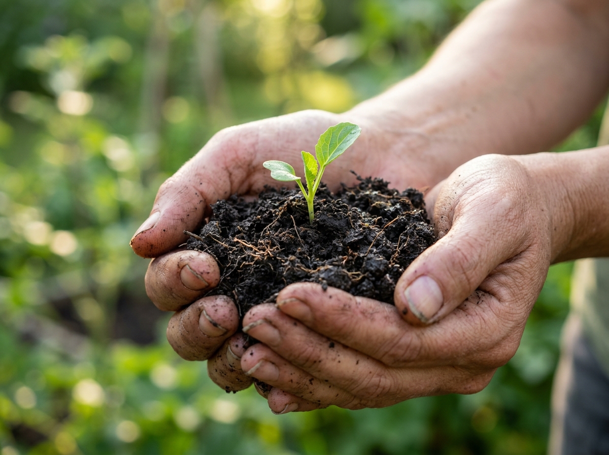 Hands holding green sprout in fertile soil