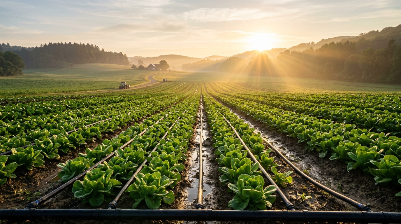 Cinematic green field at sunrise with drip irrigation lines