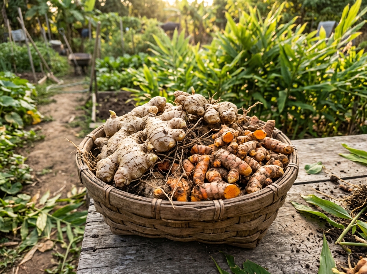 Freshly harvested organic ginger and turmeric roots in basket