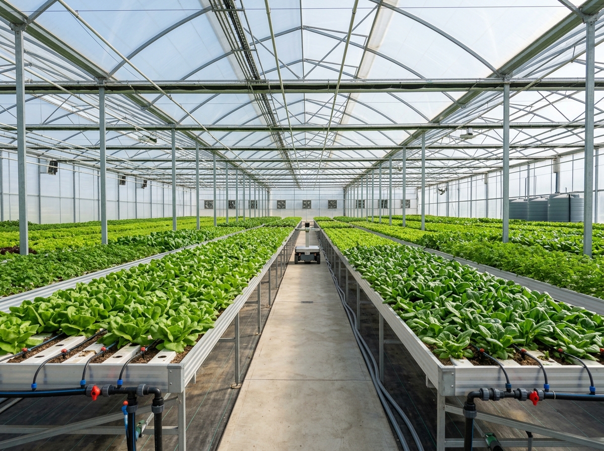 Rows of crops under advanced net-house canopy
